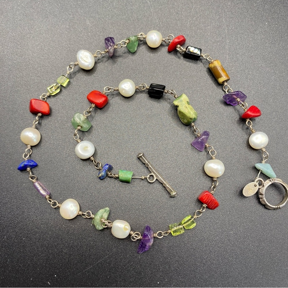 Vintage SILPADA Colorful Stone Chips & Pearls Sterling Toggle Clasp Necklace